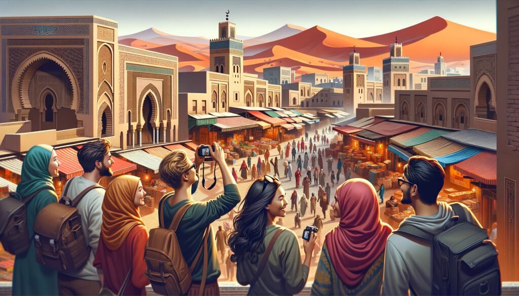 Moroccan Sahara in an urban context retaining the historical aspect showing tourists enjoying their visit