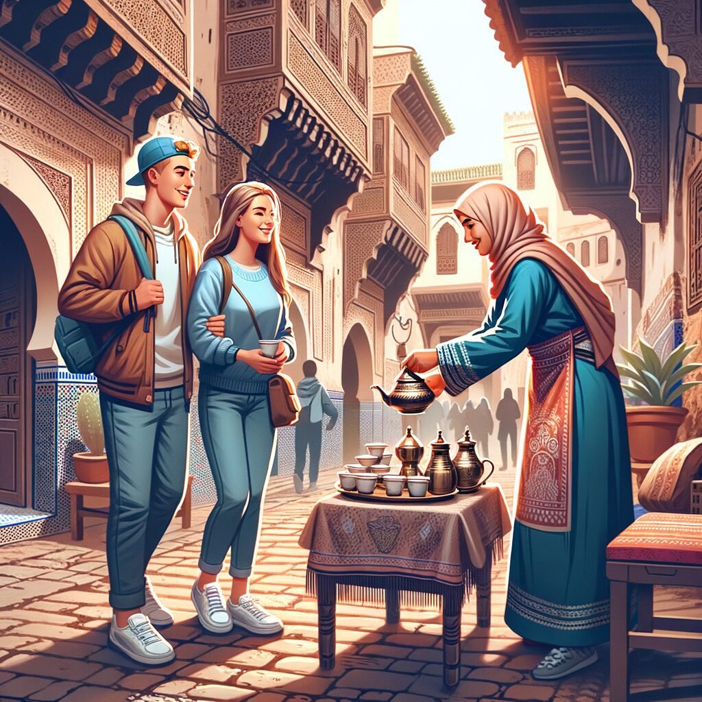 A tourist couple wearing casual clothes and being welcomed by a Moroccan female conservative native in in the ancient medina of Fez.